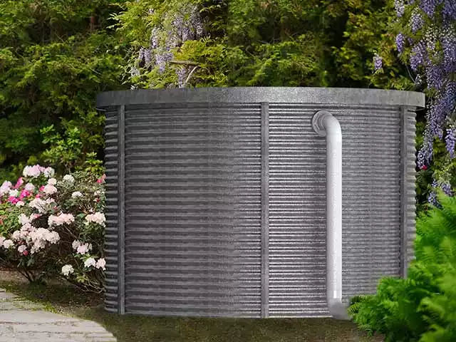 Corrugated steel tank in a garden